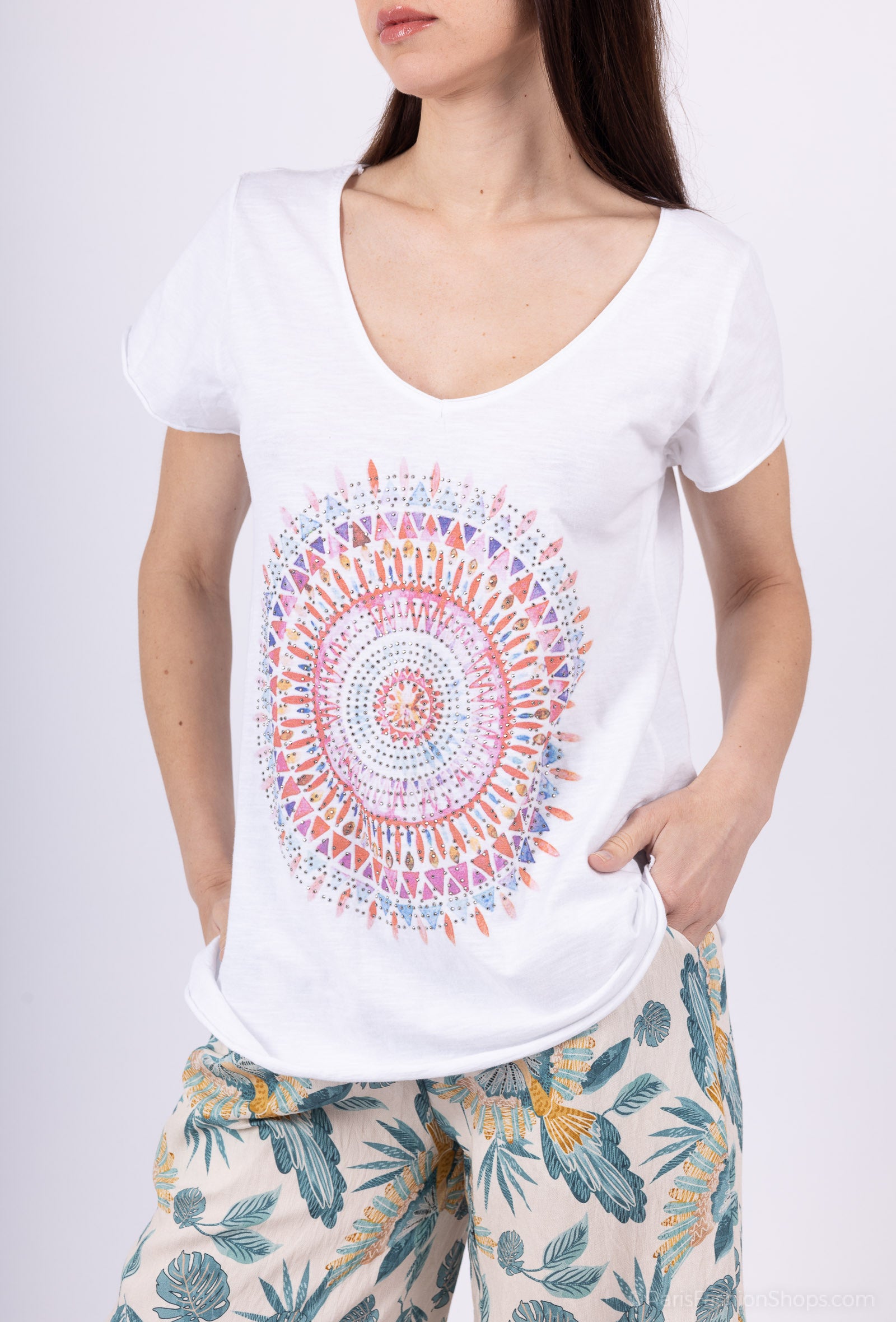 MYCPMRW Cotton t-shirt printed with mandalas rhinestones White