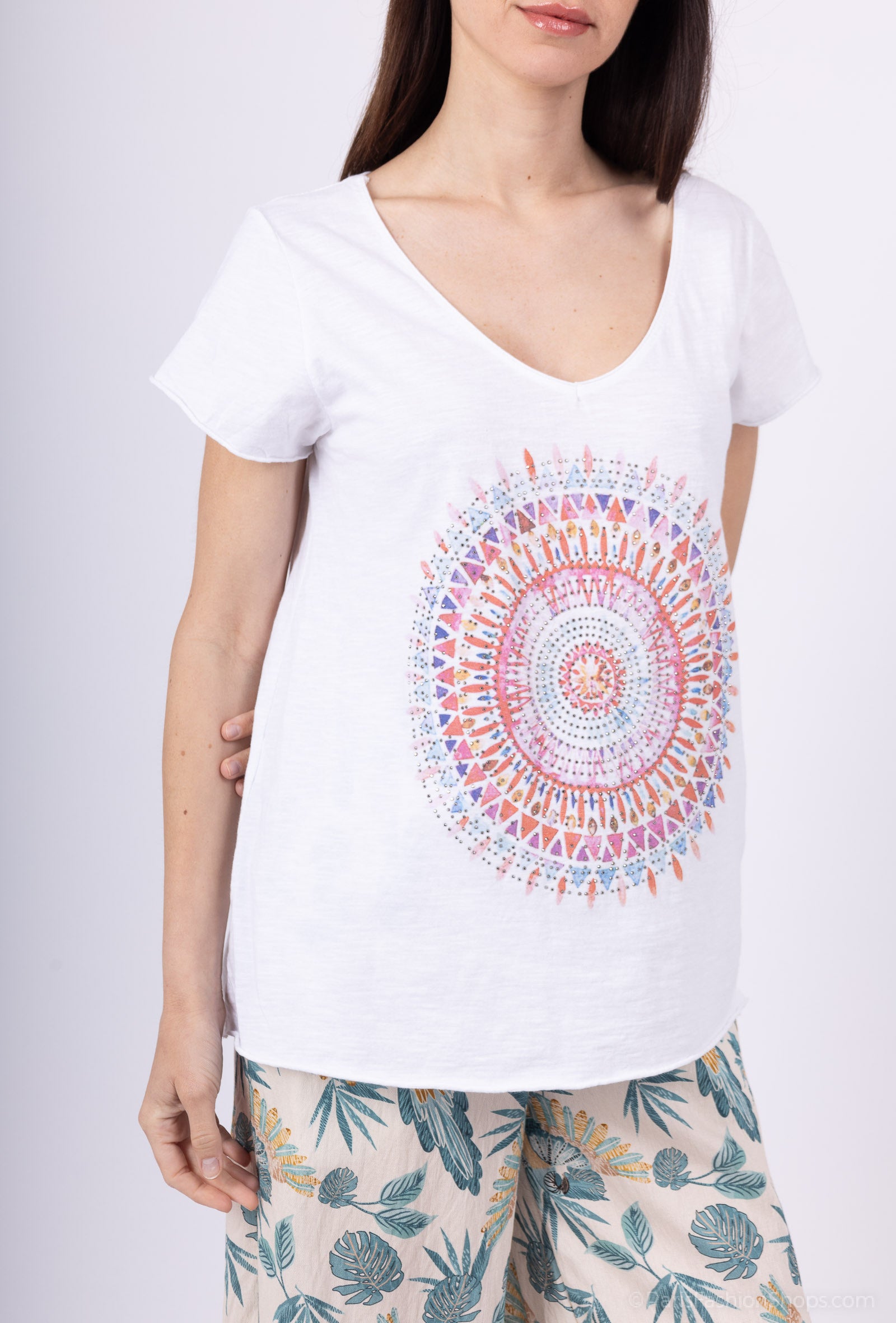 MYCPMRW Cotton t-shirt printed with mandalas rhinestones White