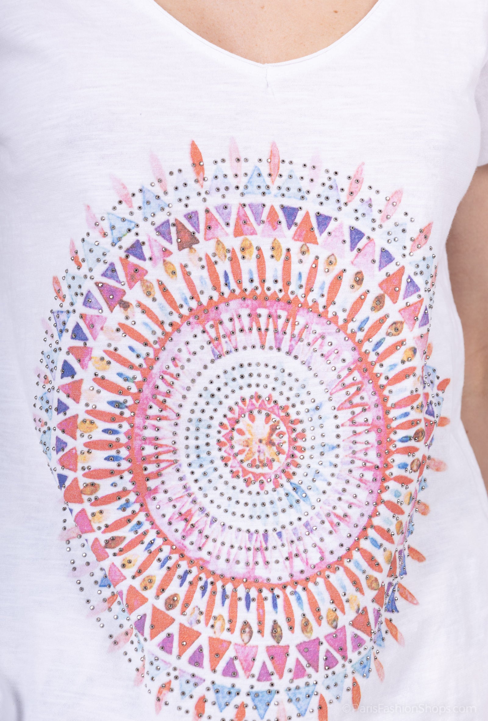 MYCPMRW Cotton t-shirt printed with mandalas rhinestones White