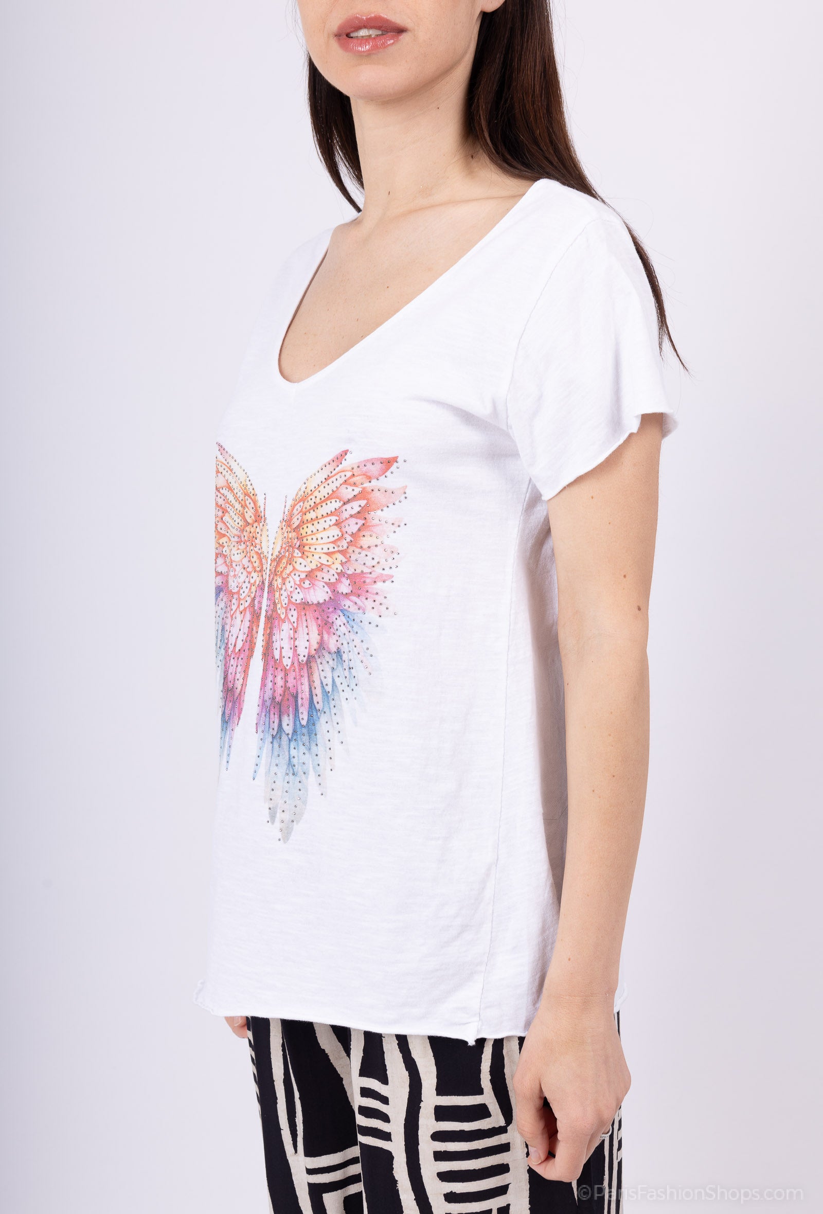 MYPCMRW Printed cotton t-shirt with multi-wing rhinestones White