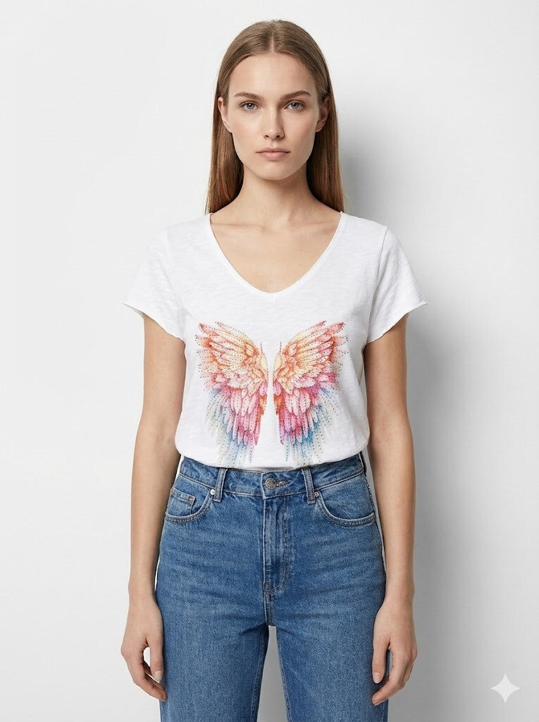 MYPCMRW Printed cotton t-shirt with multi-wing rhinestones White