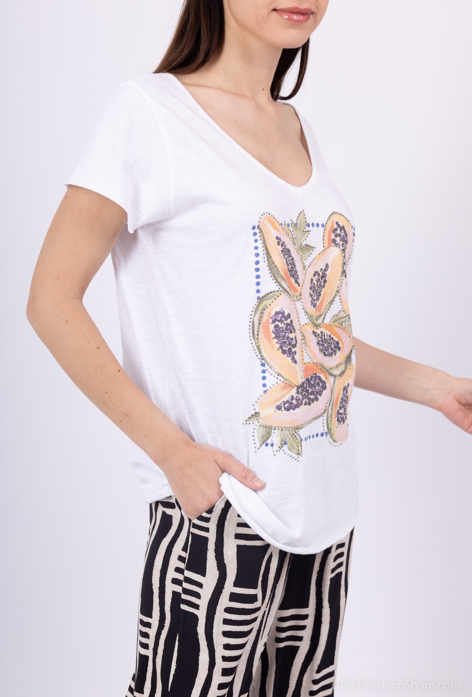 MYPCPRW Printed cotton t-shirt with papaya rhinestones White