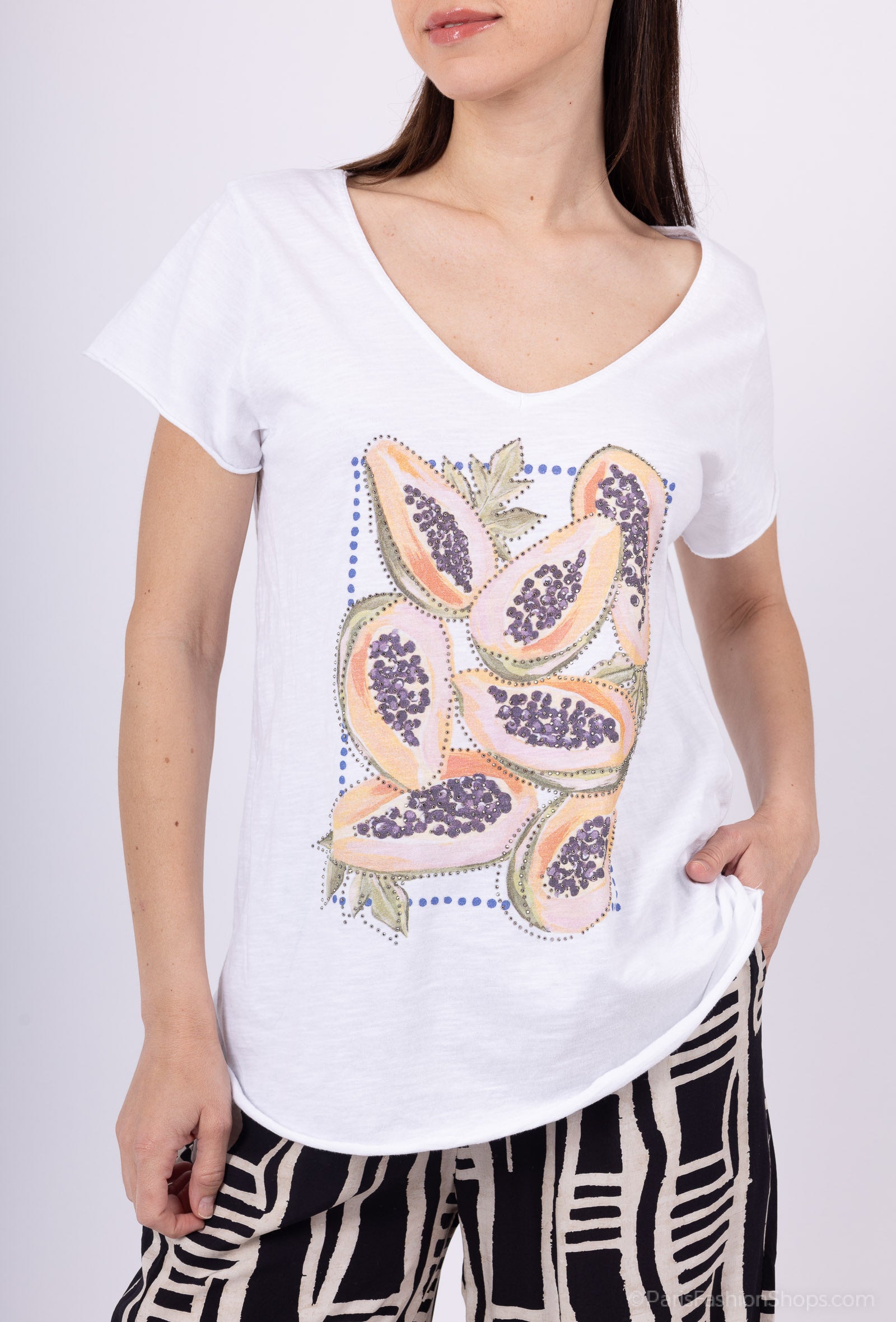 MYPCPRW Printed cotton t-shirt with papaya rhinestones White