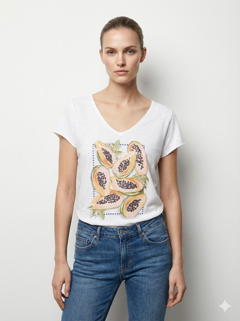 MYPCPRW Printed cotton t-shirt with papaya rhinestones White