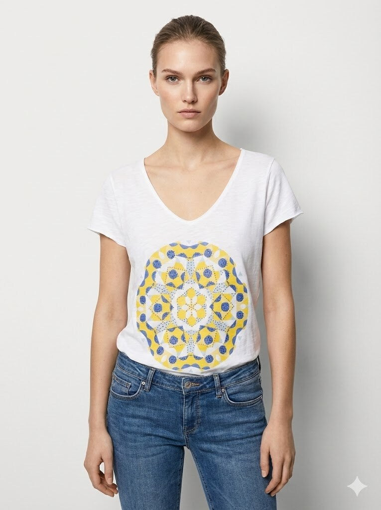 MYCPYRRW Cotton t-shirt printed with yellow round rhinestones White