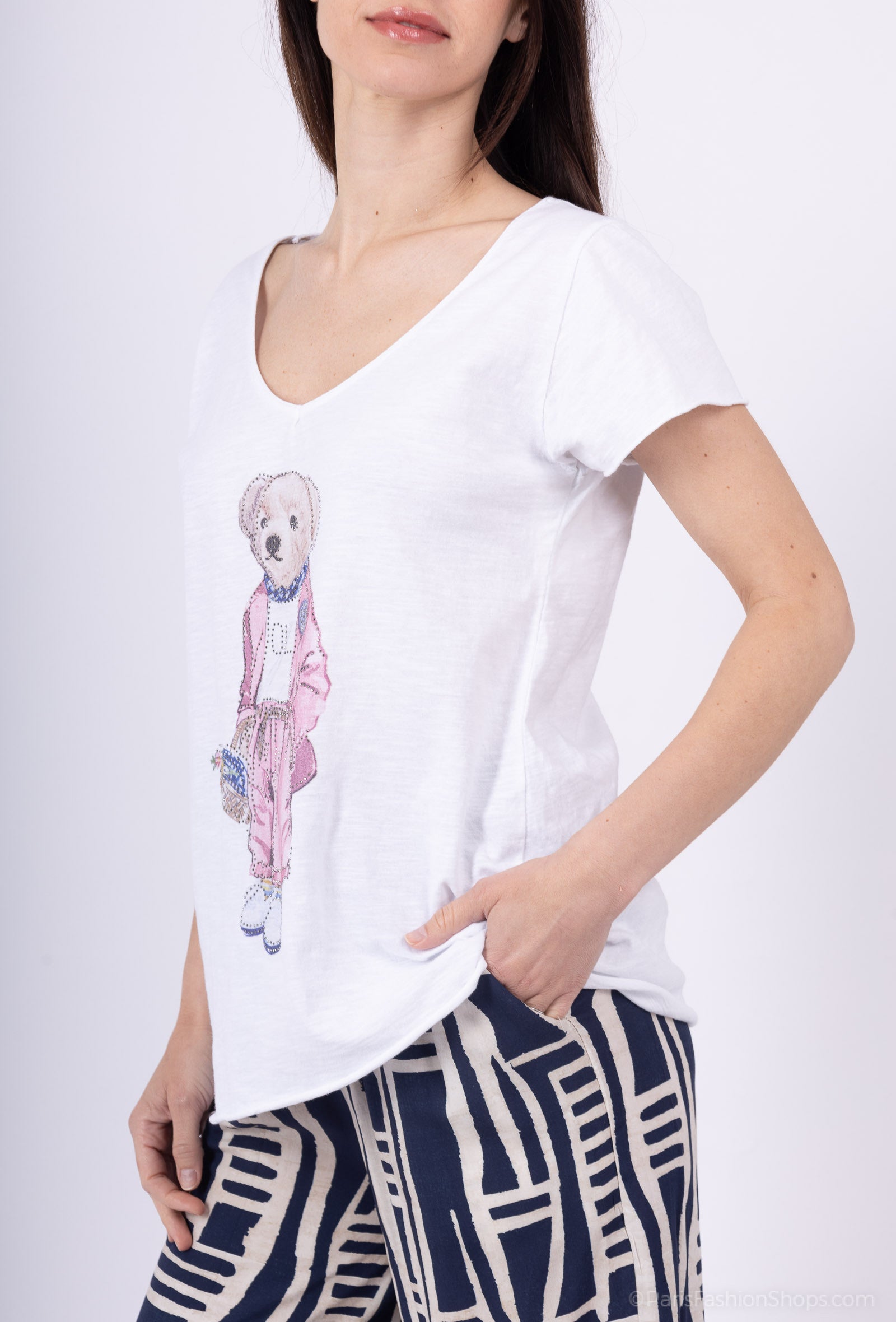 MYCPTRW Cotton t-shirt printed with teddy rhinestones White