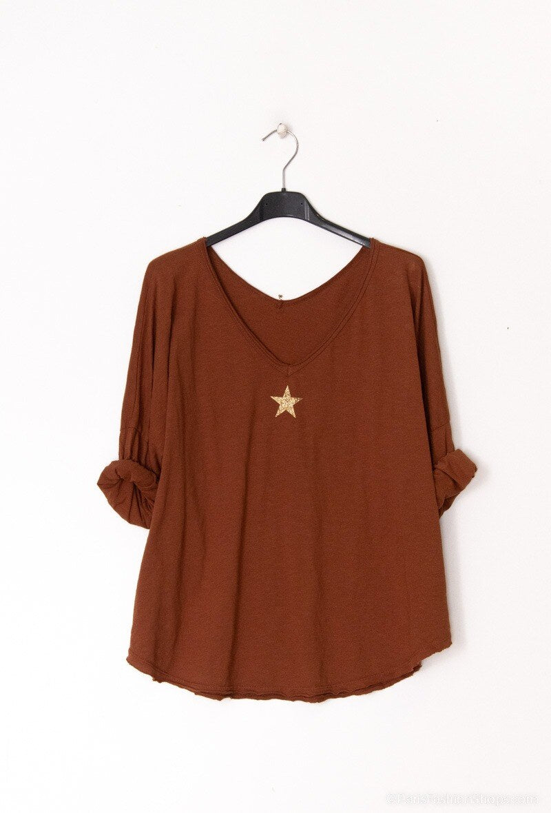 MYTADCETC T-shirt Star Double V-Neck Terracotta