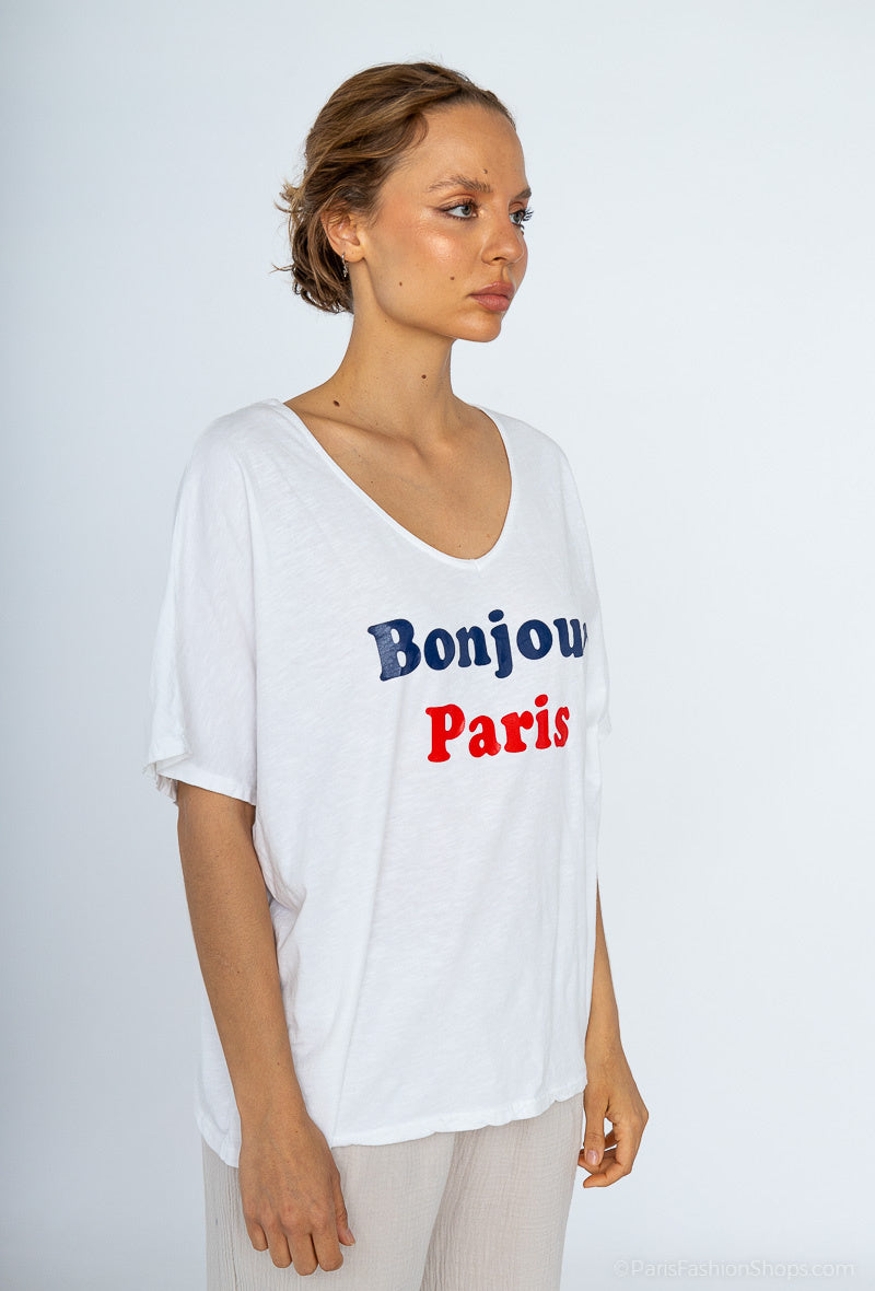 MYLSHPW Large size t-shirt Hello Paris. White