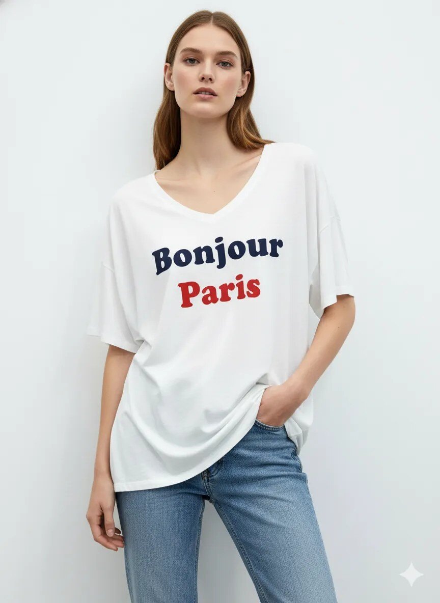MYLSHPW Large size t-shirt Hello Paris. White