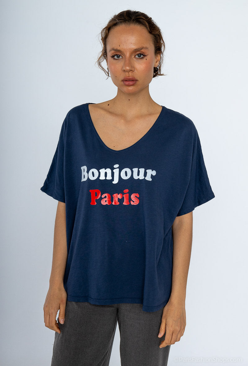 MYLSHPNV Large size t-shirt Hello Paris. Navy