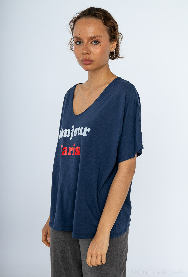 MYLSHPNV Large size t-shirt Hello Paris. Navy