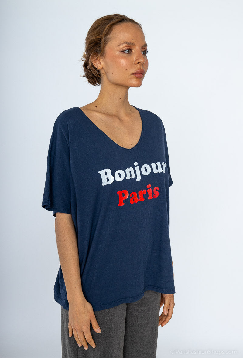MYLSHPNV Large size t-shirt Hello Paris. Navy