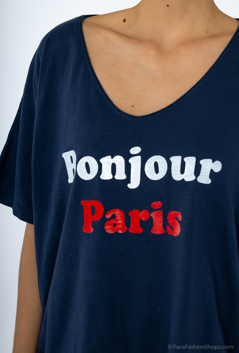 MYLSHPNV Large size t-shirt Hello Paris. Navy