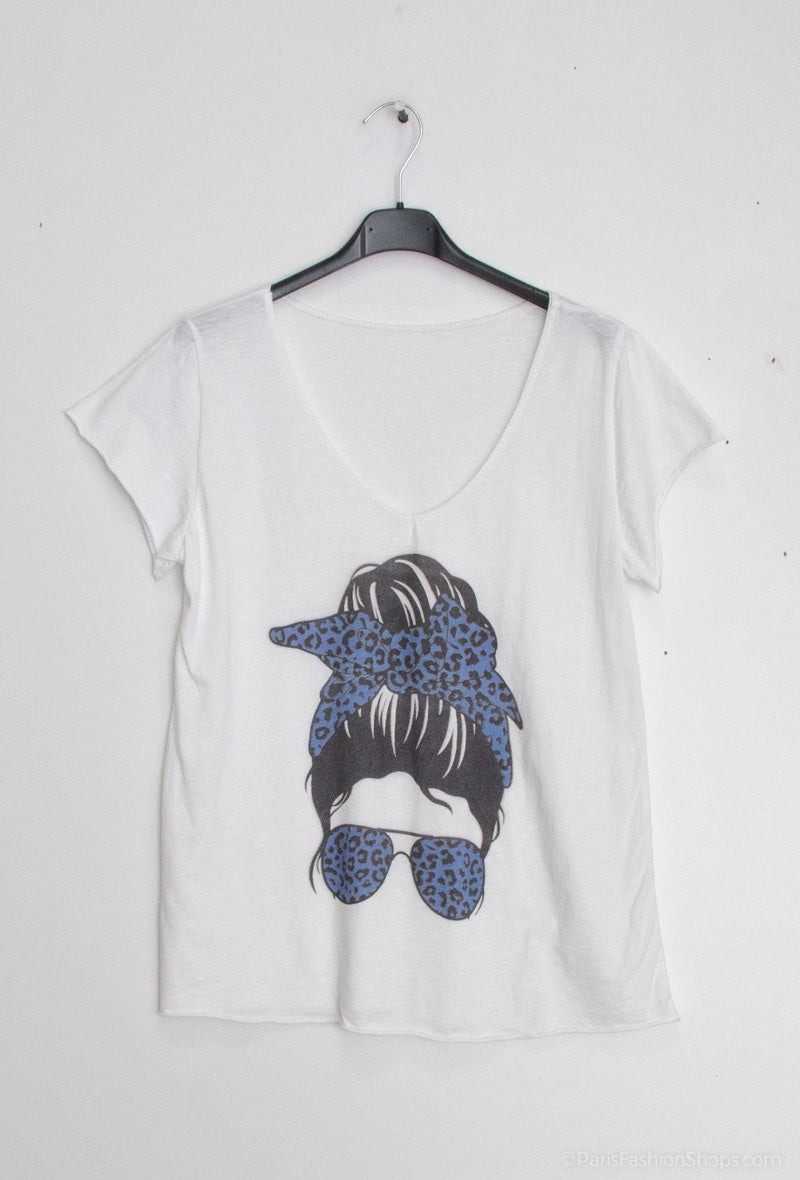 MYPGILTBL Printed T-shirt with girl in leopard turban Blue