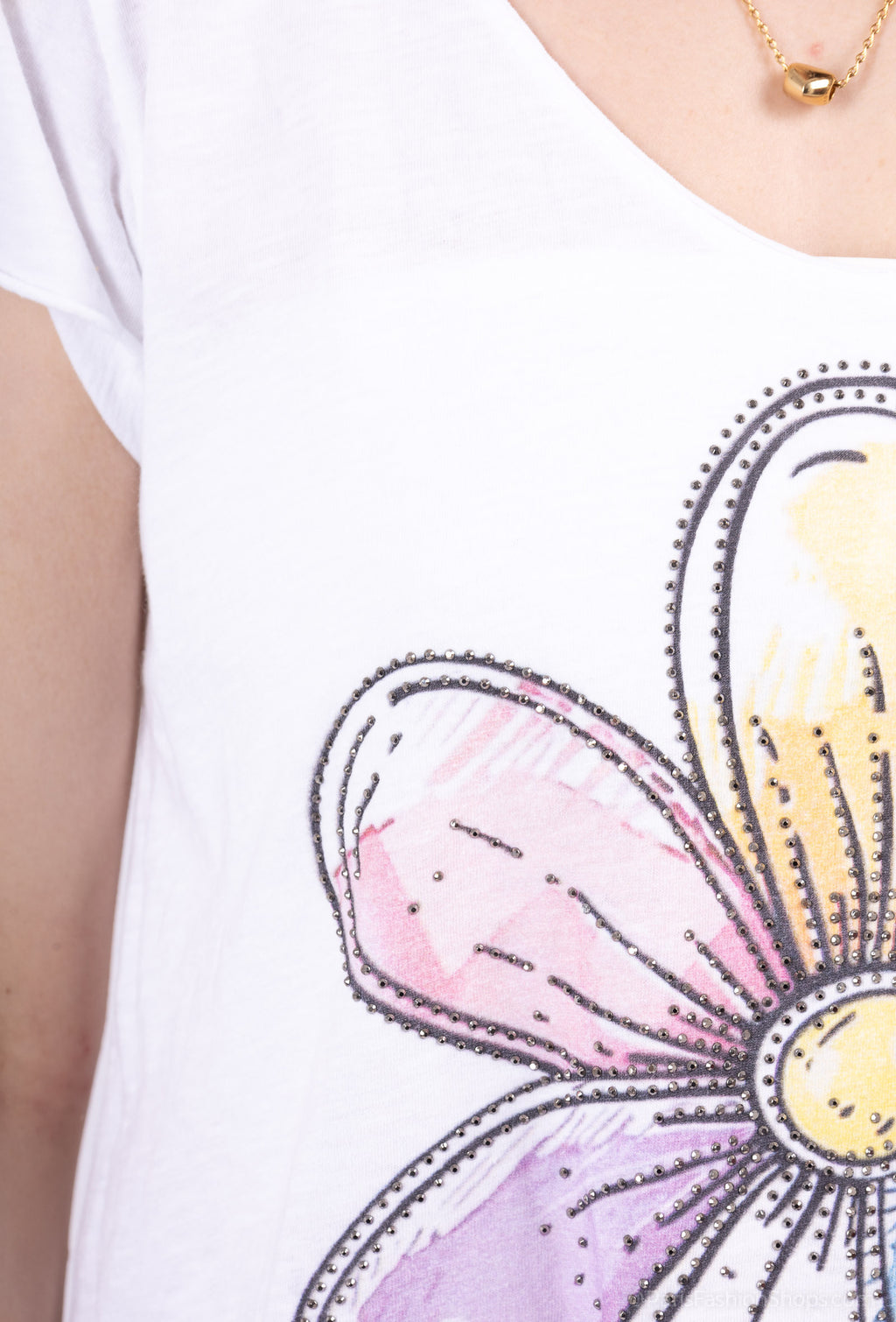 MYFPSW Flower printed t-shirt with Rhinestone White