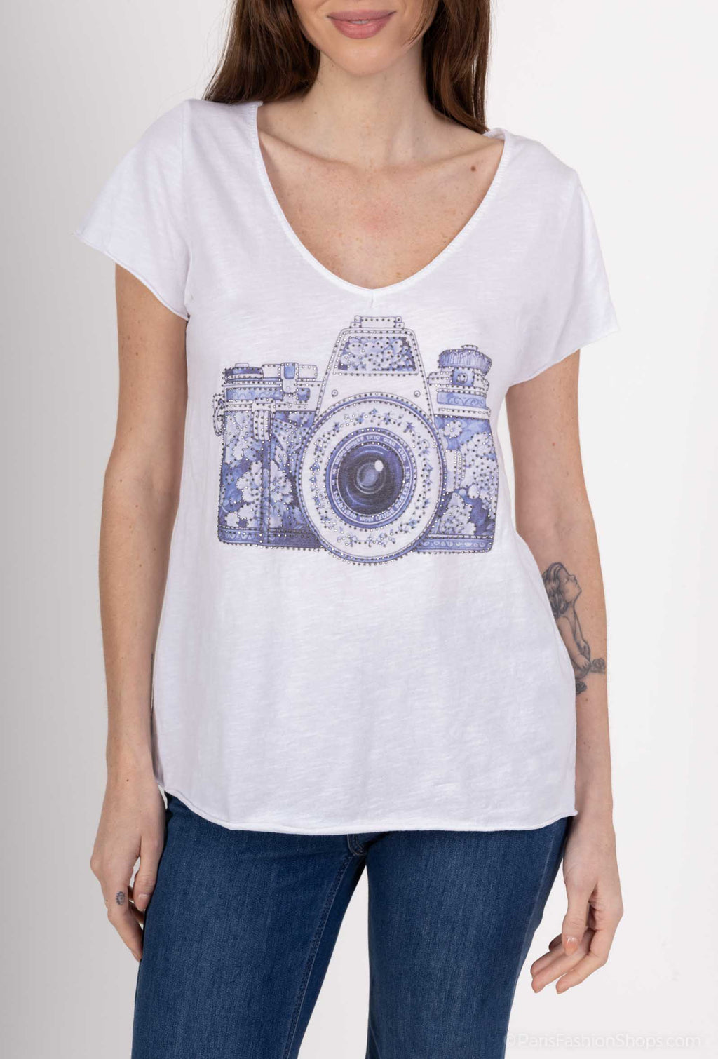 MYCPR2W Camera print T-shirt with rhinestones White