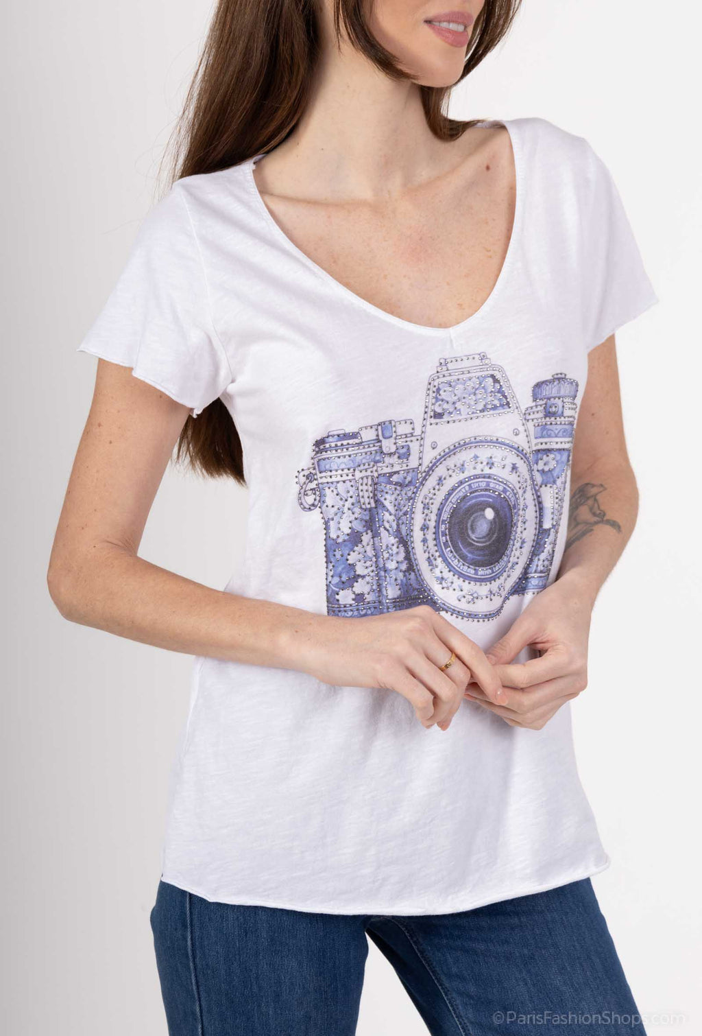 MYCPR2W Camera print T-shirt with rhinestones White