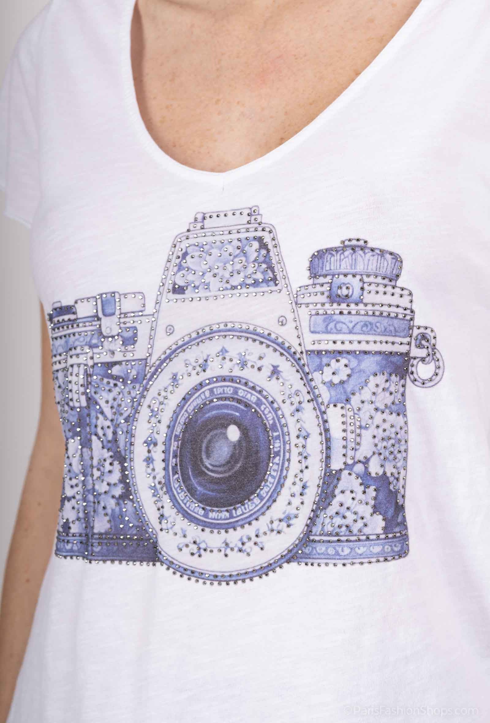 MYCPR2W Camera print T-shirt with rhinestones White