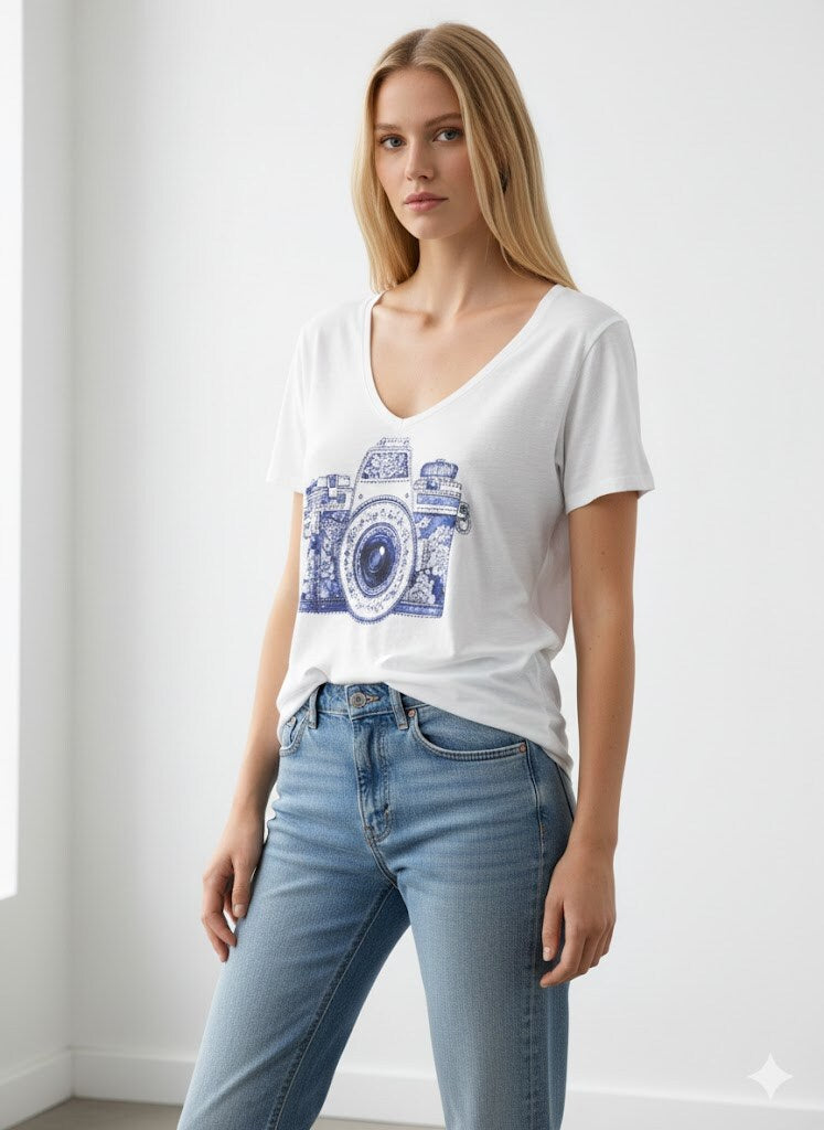 MYCPR2W Camera print T-shirt with rhinestones White