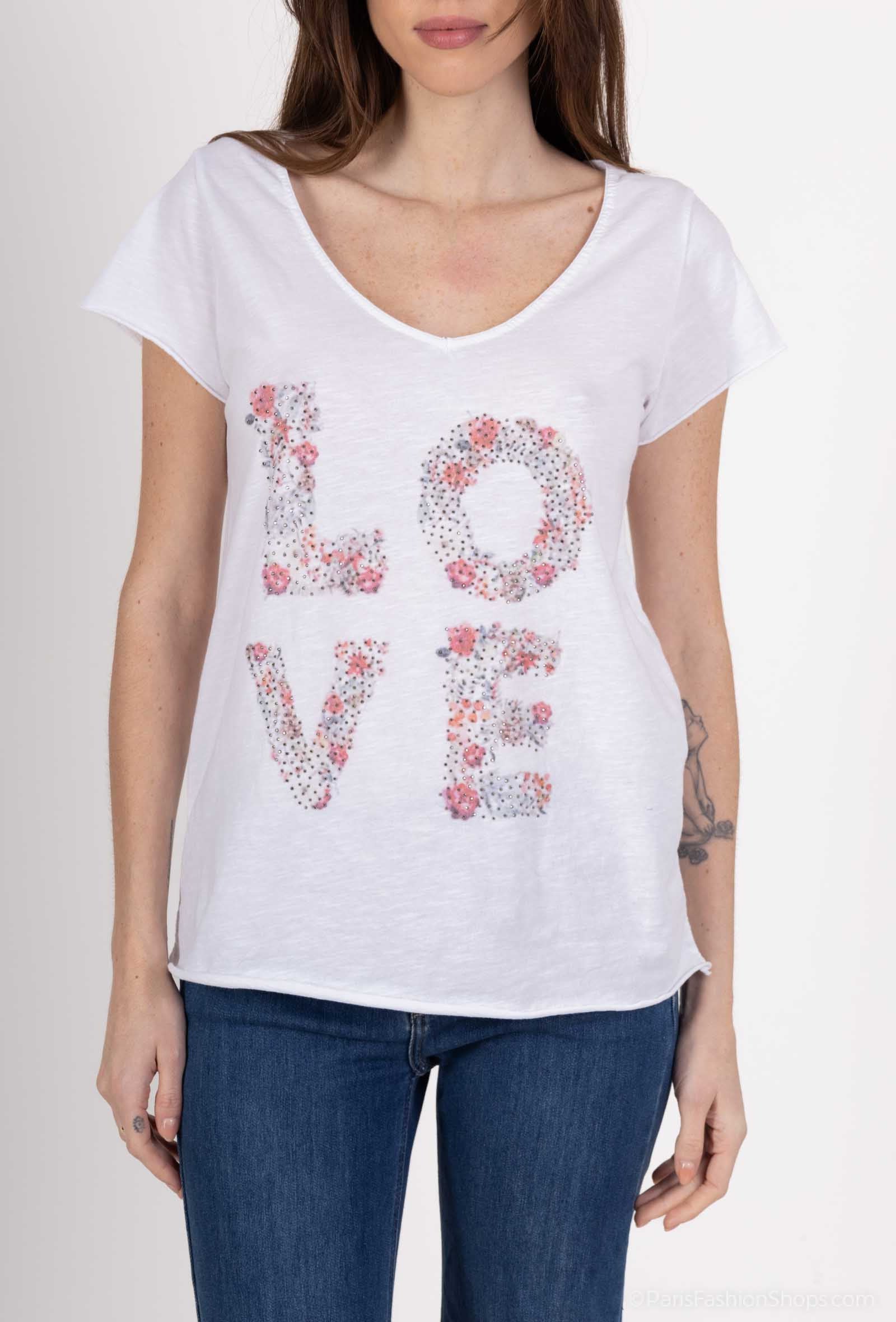 MYPILSW T-shirt printed in Love with Rhinestone White