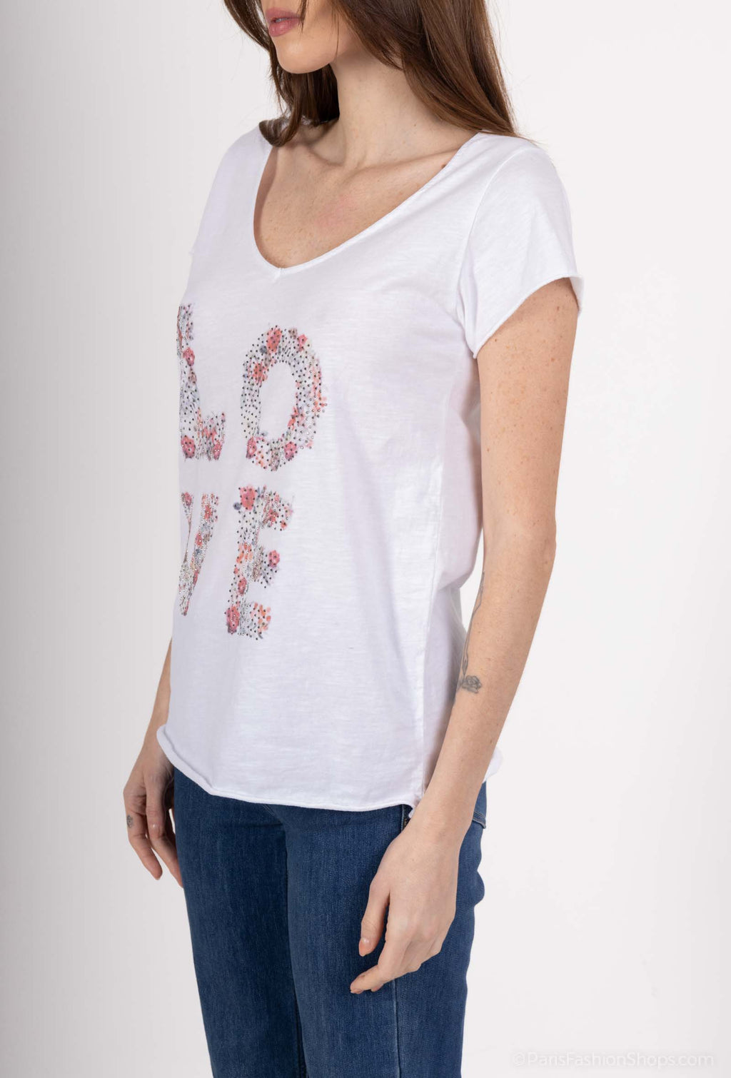 MYPILSW T-shirt printed in Love with Rhinestone White