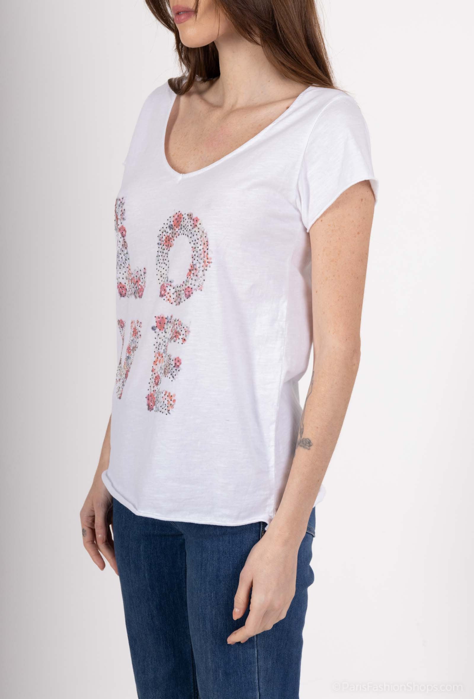MYPILSW T-shirt printed in Love with Rhinestone White