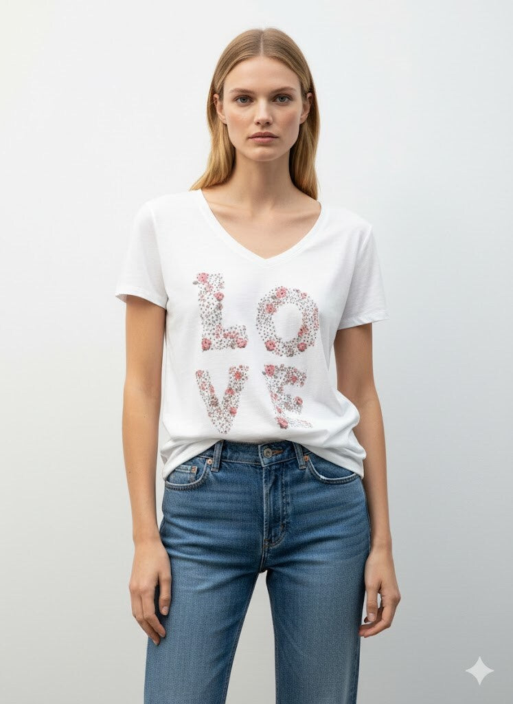 MYPILSW T-shirt printed in Love with Rhinestone White