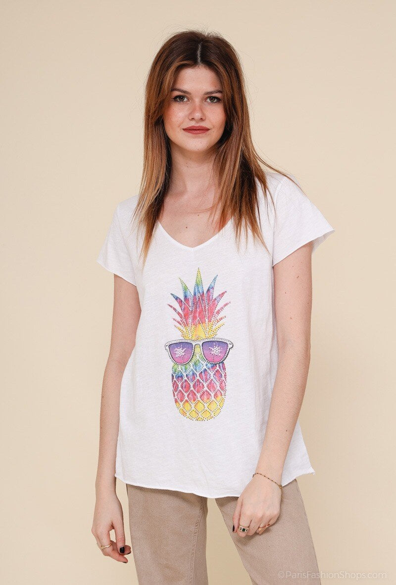 MYISALW T-shirt Rhinestone Pineapple Sunglasses Print White