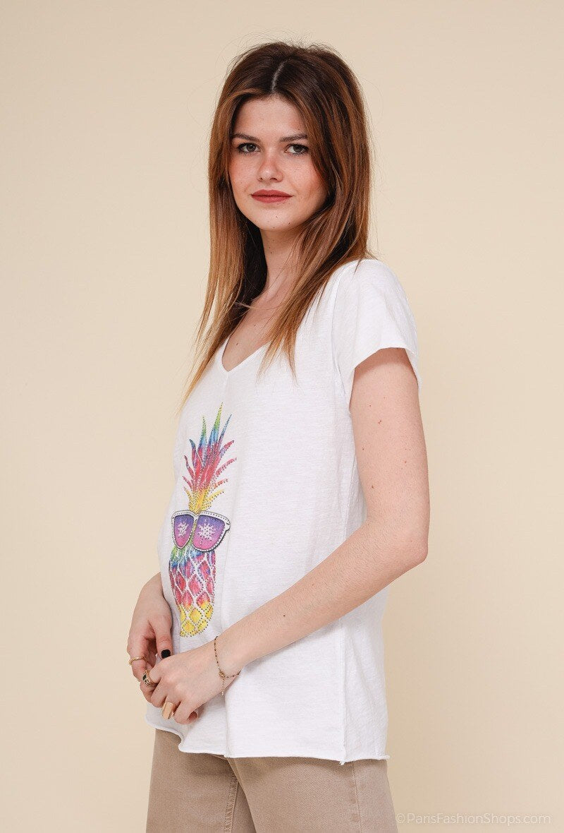 MYISALW T-shirt Rhinestone Pineapple Sunglasses Print White