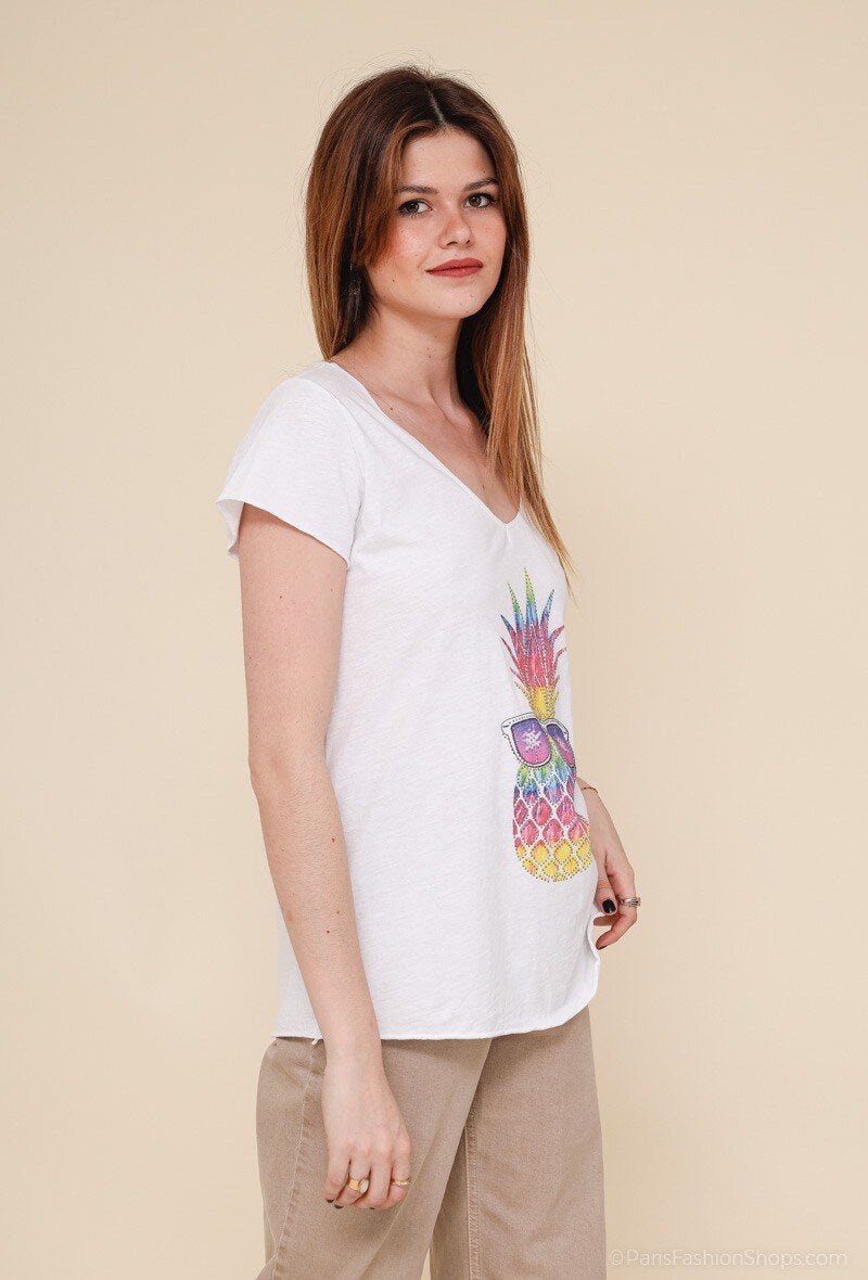 MYISALW T-shirt Rhinestone Pineapple Sunglasses Print White
