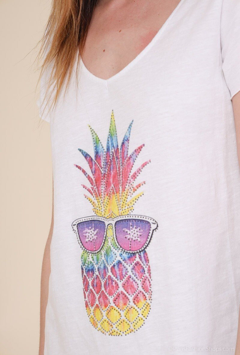 MYISALW T-shirt Rhinestone Pineapple Sunglasses Print White