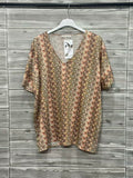 ZOT079BE Chevron Print V-Neck Top Beige
