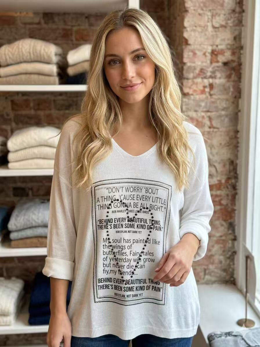ZOT077WH Poetry Print Cotton Top White