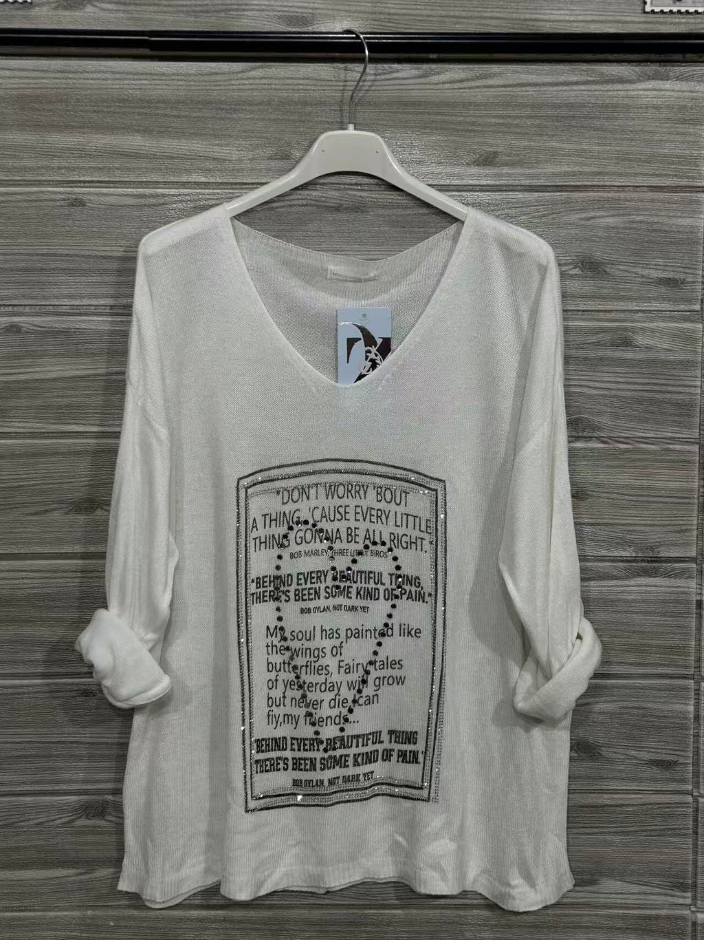 ZOT077WH Poetry Print Cotton Top White