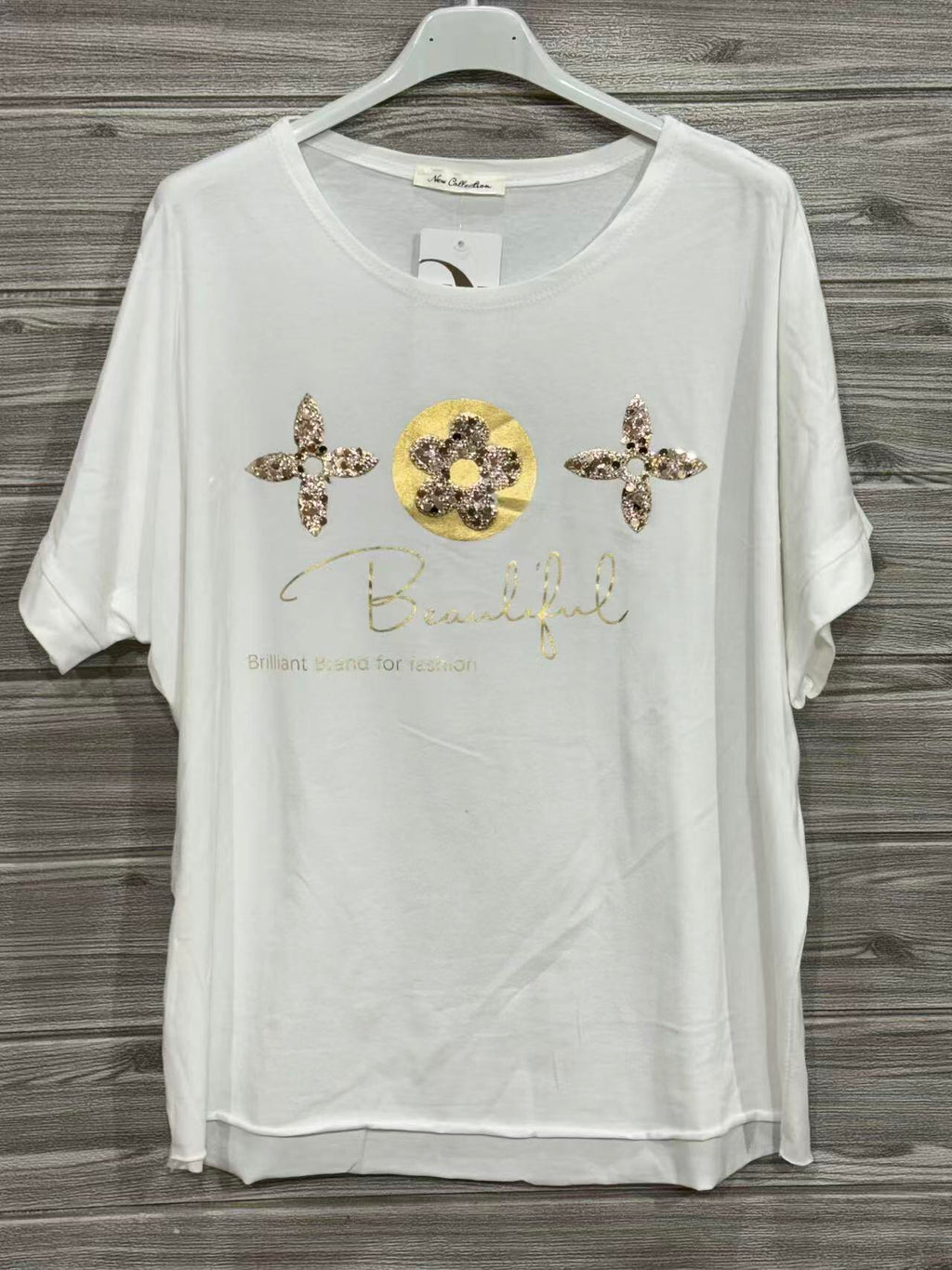 ZOT059WH Gold Floral Border Cotton T-Shirt White