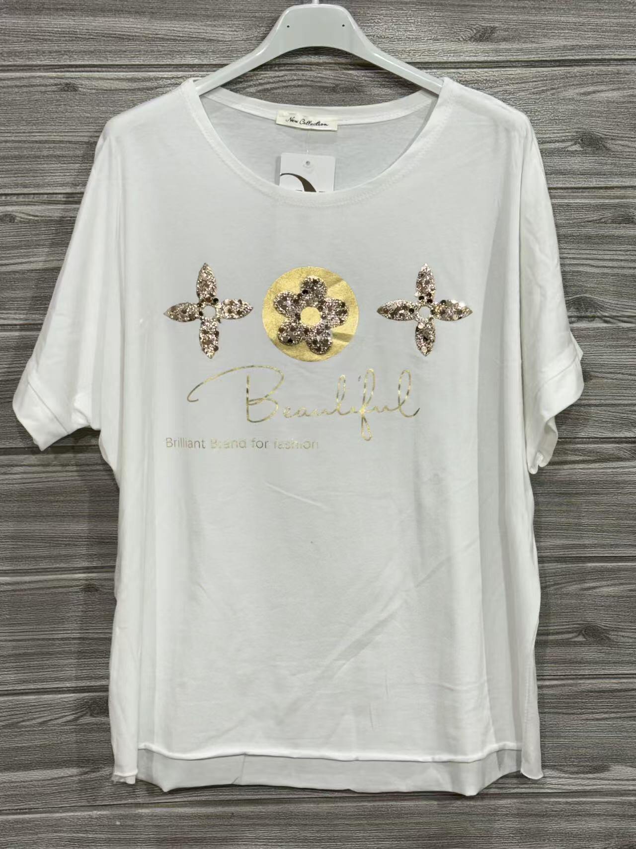 ZOT059WH Gold Floral Border Cotton T-Shirt White