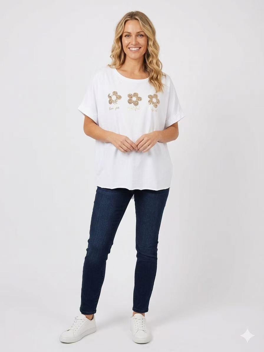 ZOT057WH Star Print Cotton T-Shirt with Lace White