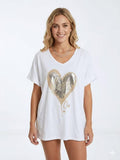 ZOT036WH Gold Heart V-Neck Cotton T-Shirt White