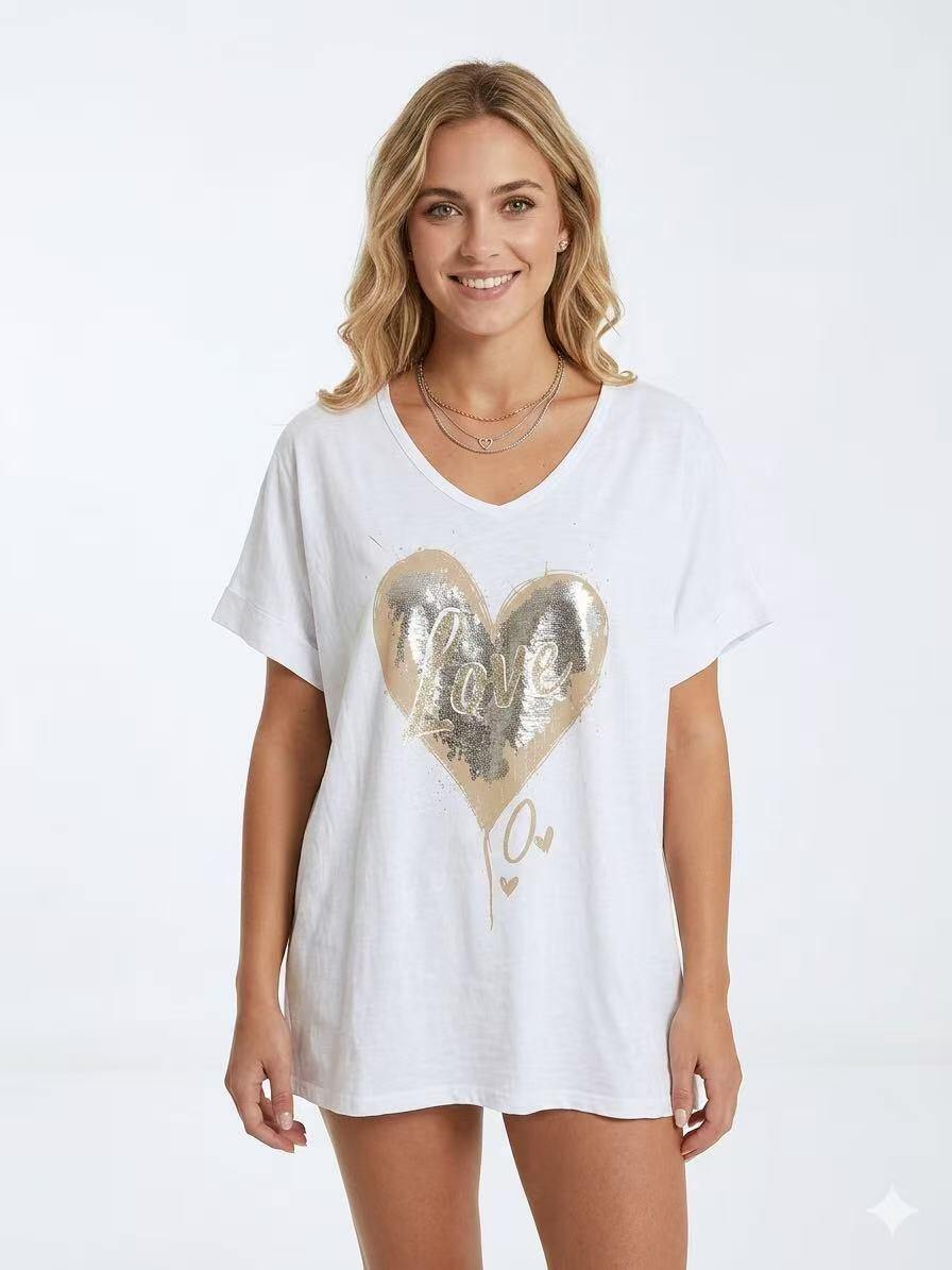 ZOT036WH Gold Heart V-Neck Cotton T-Shirt White
