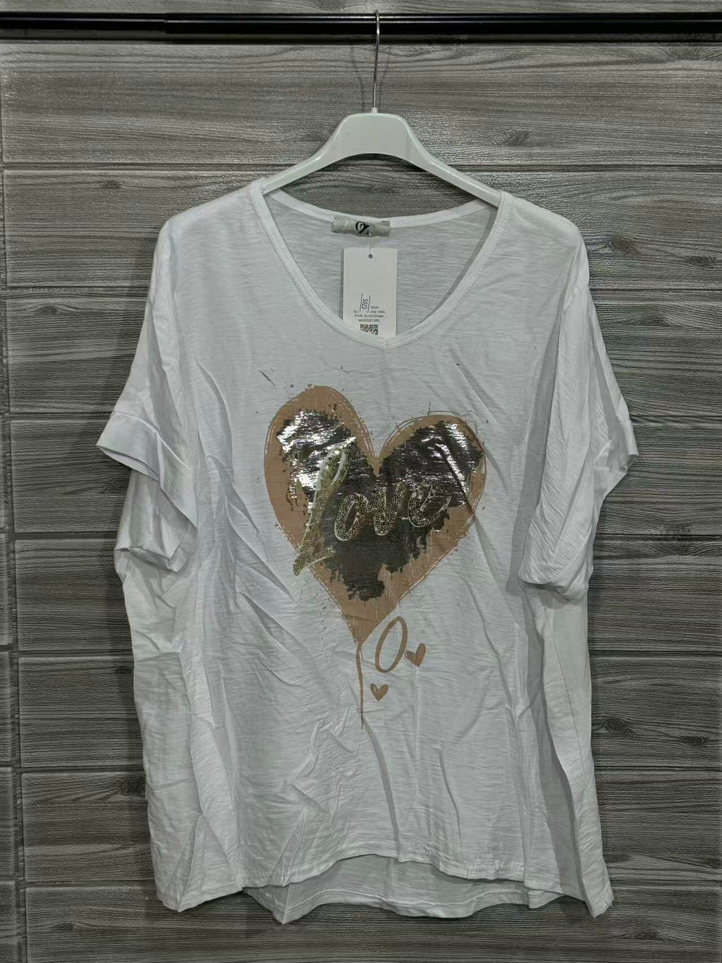 ZOT036WH Gold Heart V-Neck Cotton T-Shirt White