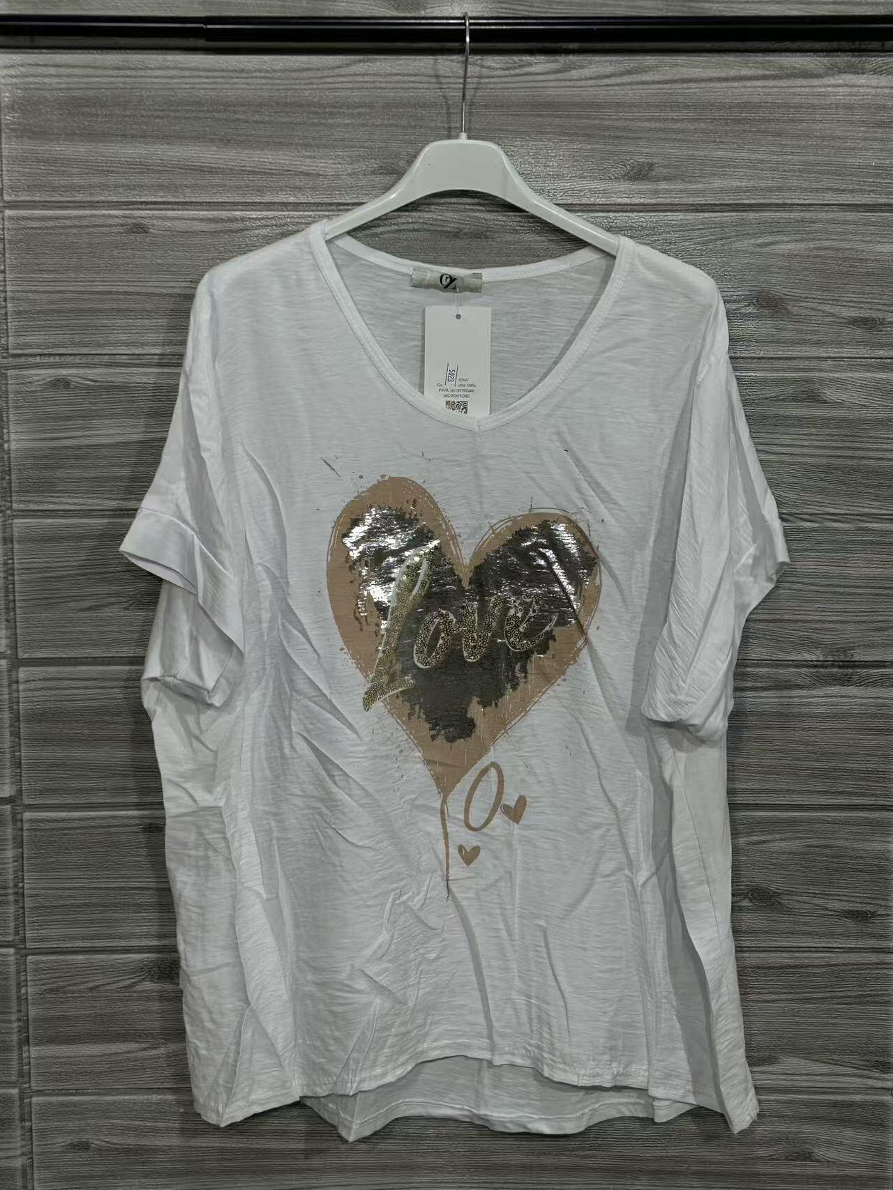 ZOT036WH Gold Heart V-Neck Cotton T-Shirt White