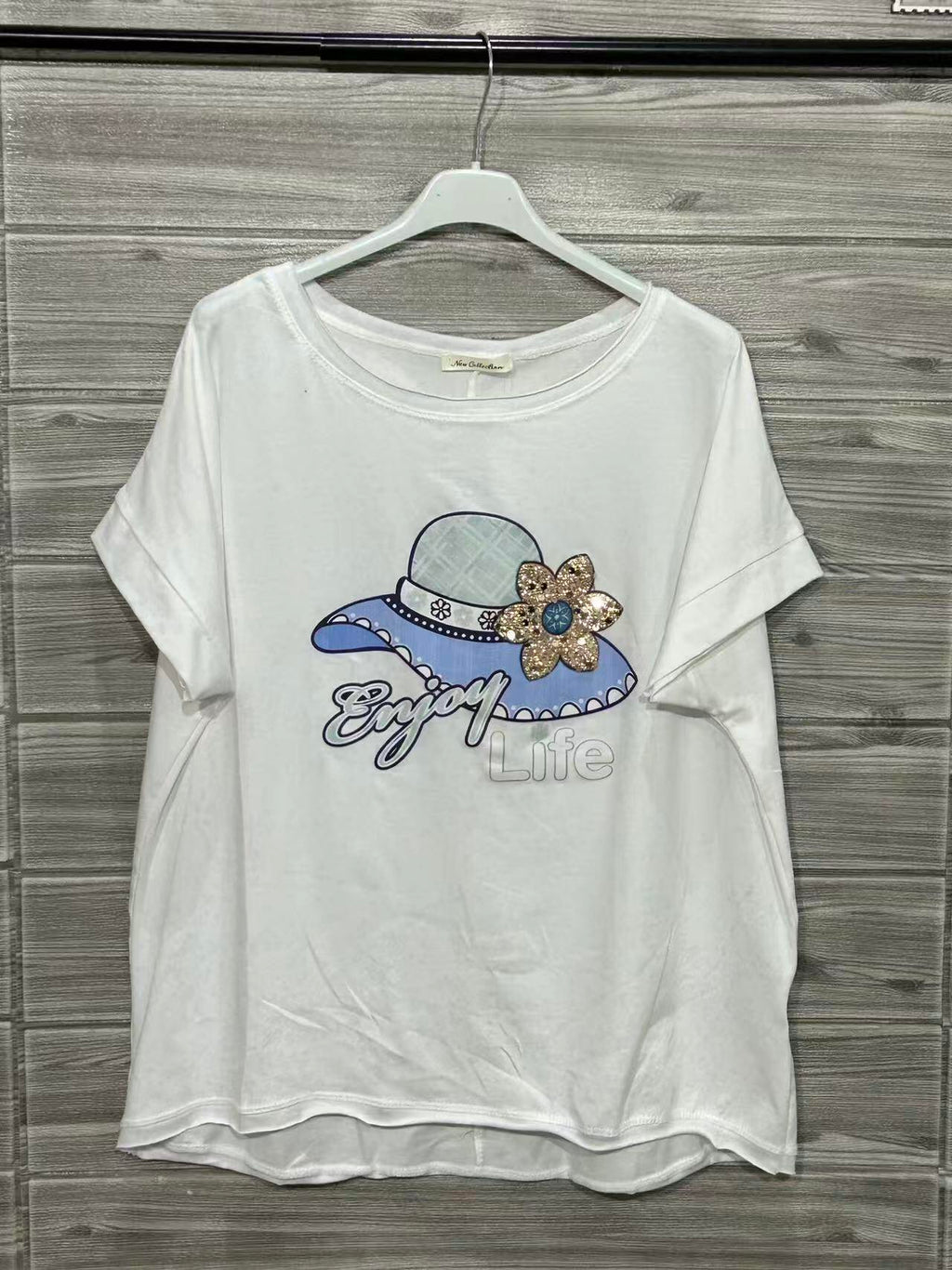 ZOT028WH Coastal Print Cotton Top White