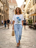 ZOT015WH Blue Flower Cotton T-Shirt White