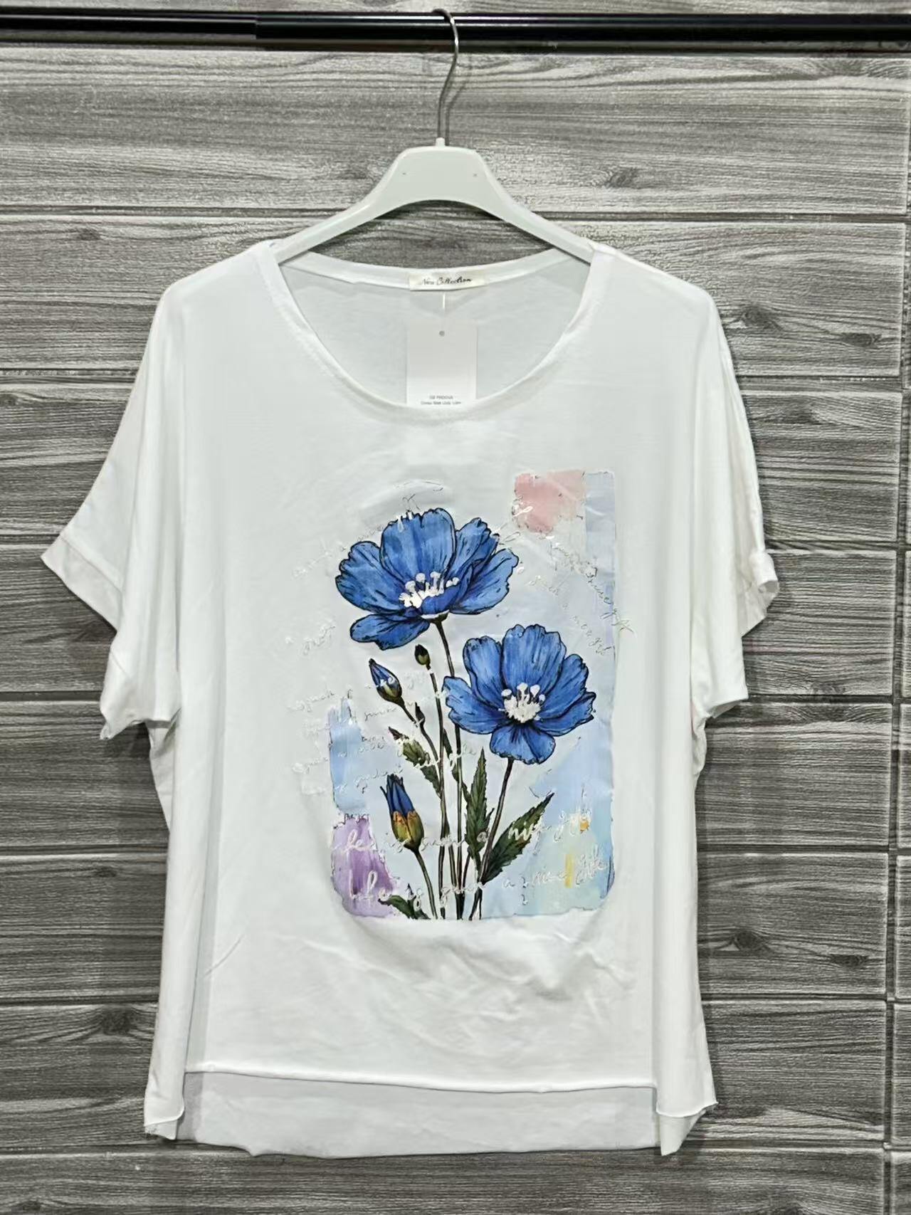 ZOT015WH Blue Flower Cotton T-Shirt White