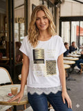 ZOT010WH Newsprint Cotton T-Shirt with Lace White