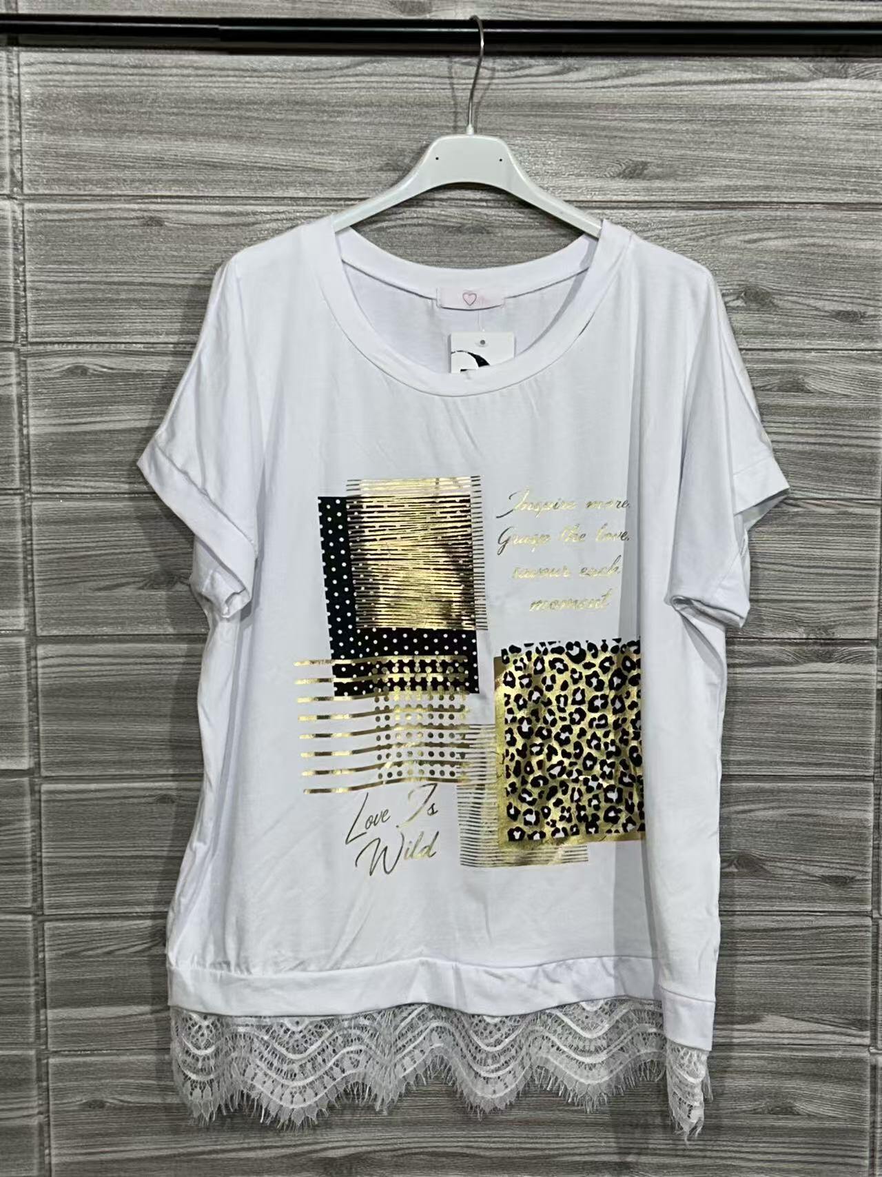 ZOT010WH Newsprint Cotton T-Shirt with Lace White