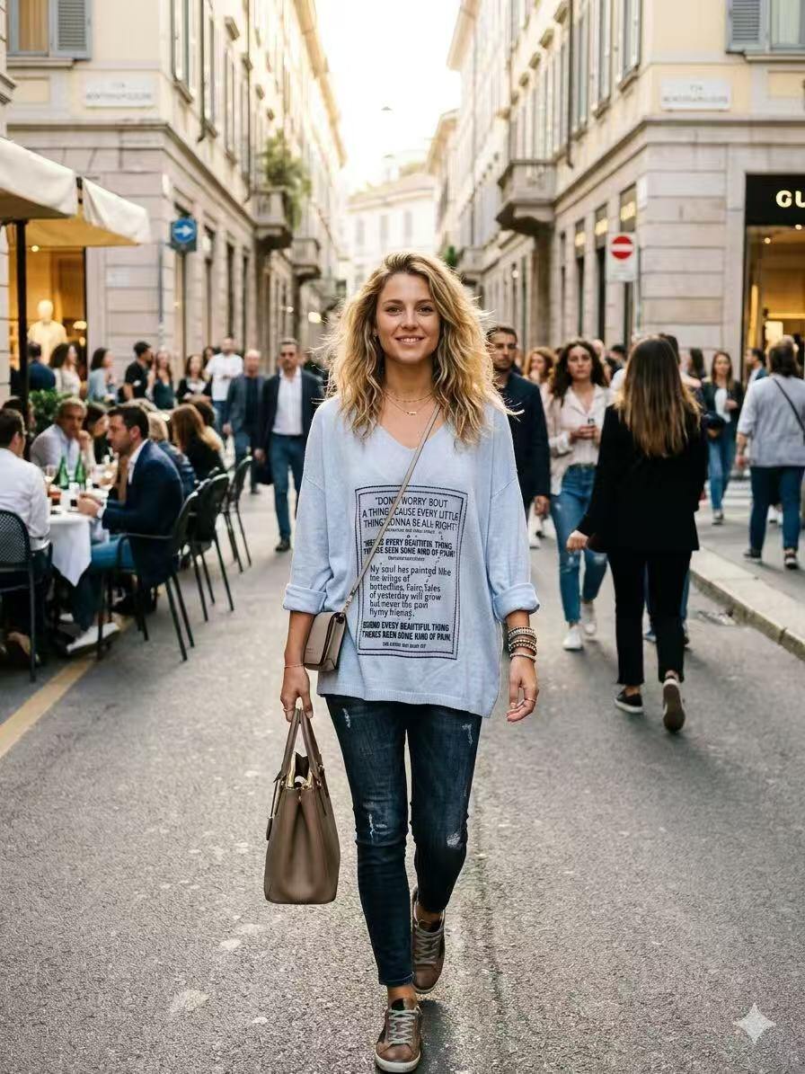 ZOT077SB Poetry Print Cotton Top Sky Blue