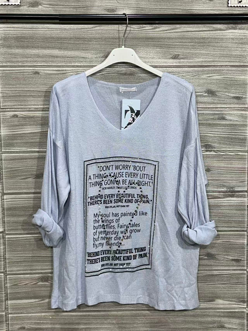 ZOT077SB Poetry Print Cotton Top Sky Blue