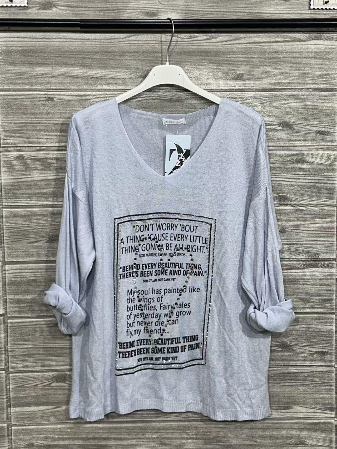 ZOT077SB Poetry Print Cotton Top Sky Blue