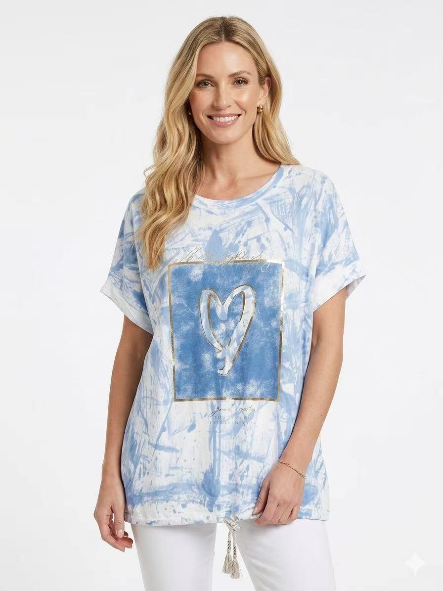 ZOT048SB Heart Tie-Dye Cotton T-Shirt Sky Blue